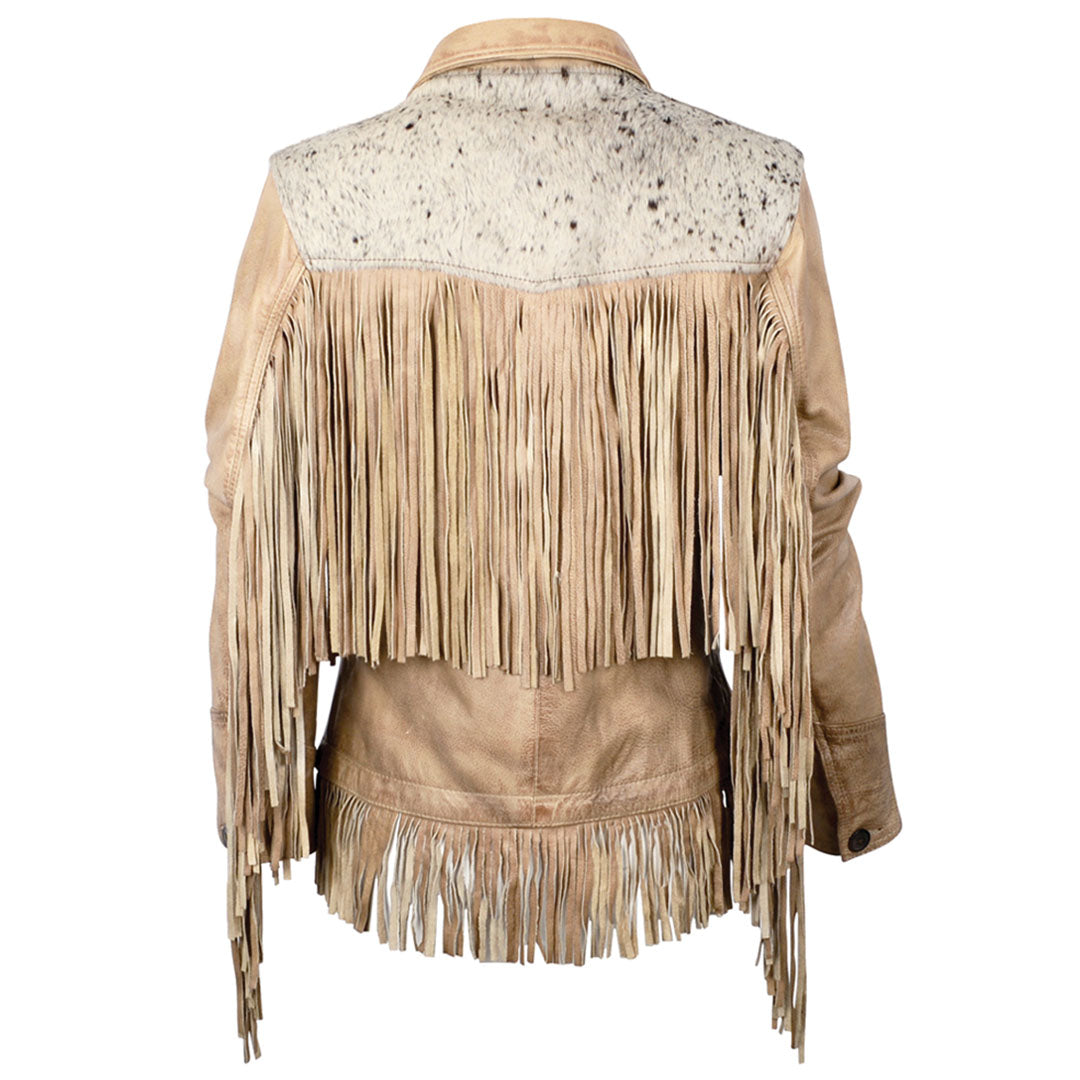 Women's Frontier jacket in palomino color with fringe accents and a button front closure, featuring full grain leather and hair on hide details.