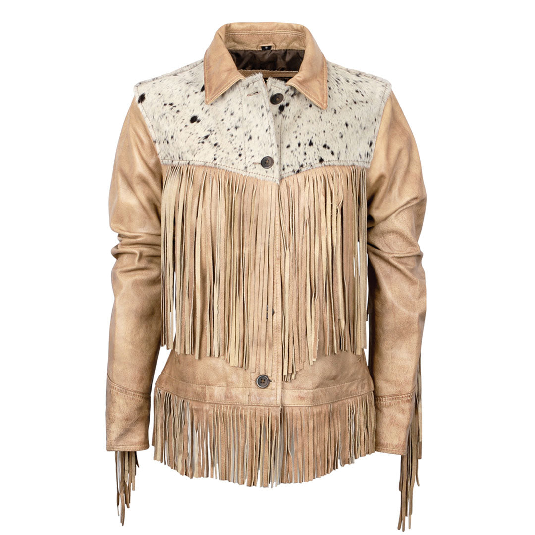 Women's Frontier jacket in palomino color with fringe accents and a button front closure, featuring full grain leather and hair on hide details.