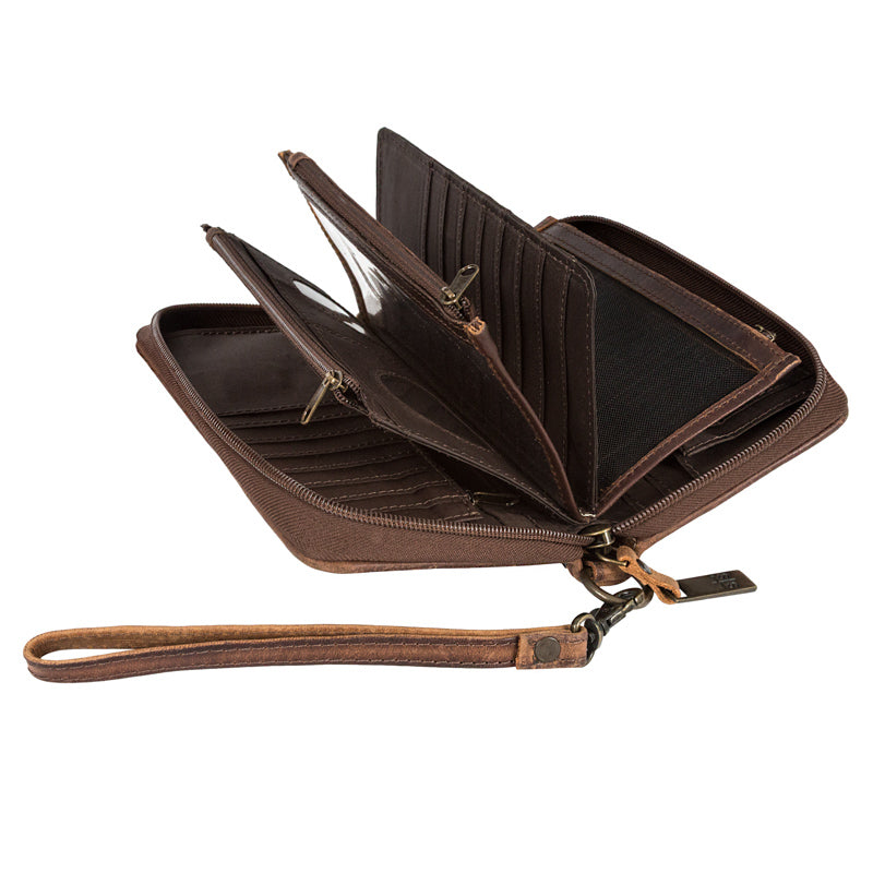 Inside of genuine leather wallet with 3 zip closure compartments and card slots on a white background.