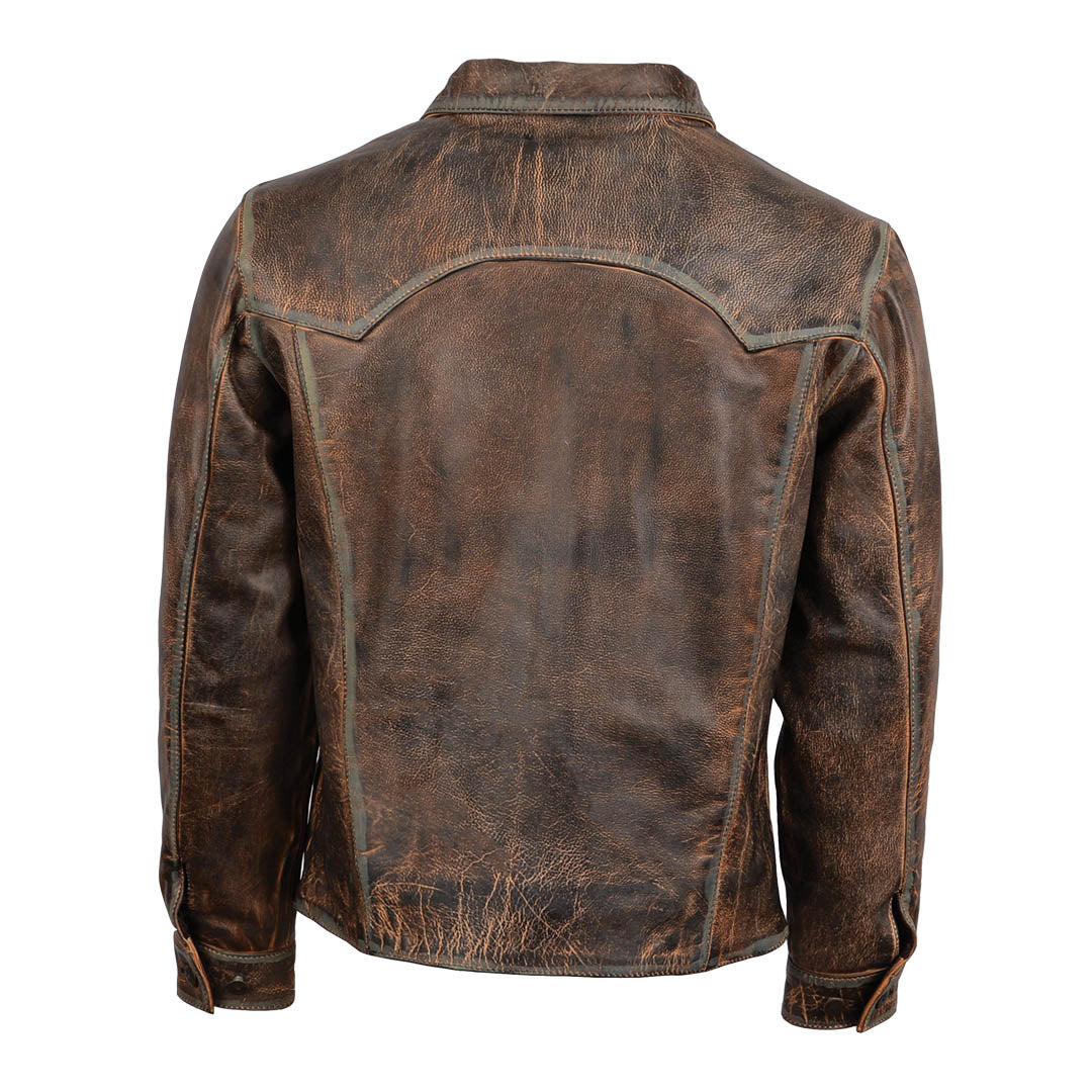 Brown genuine leather mens jacket with western yoke and snap wrist cuffs on a white background.