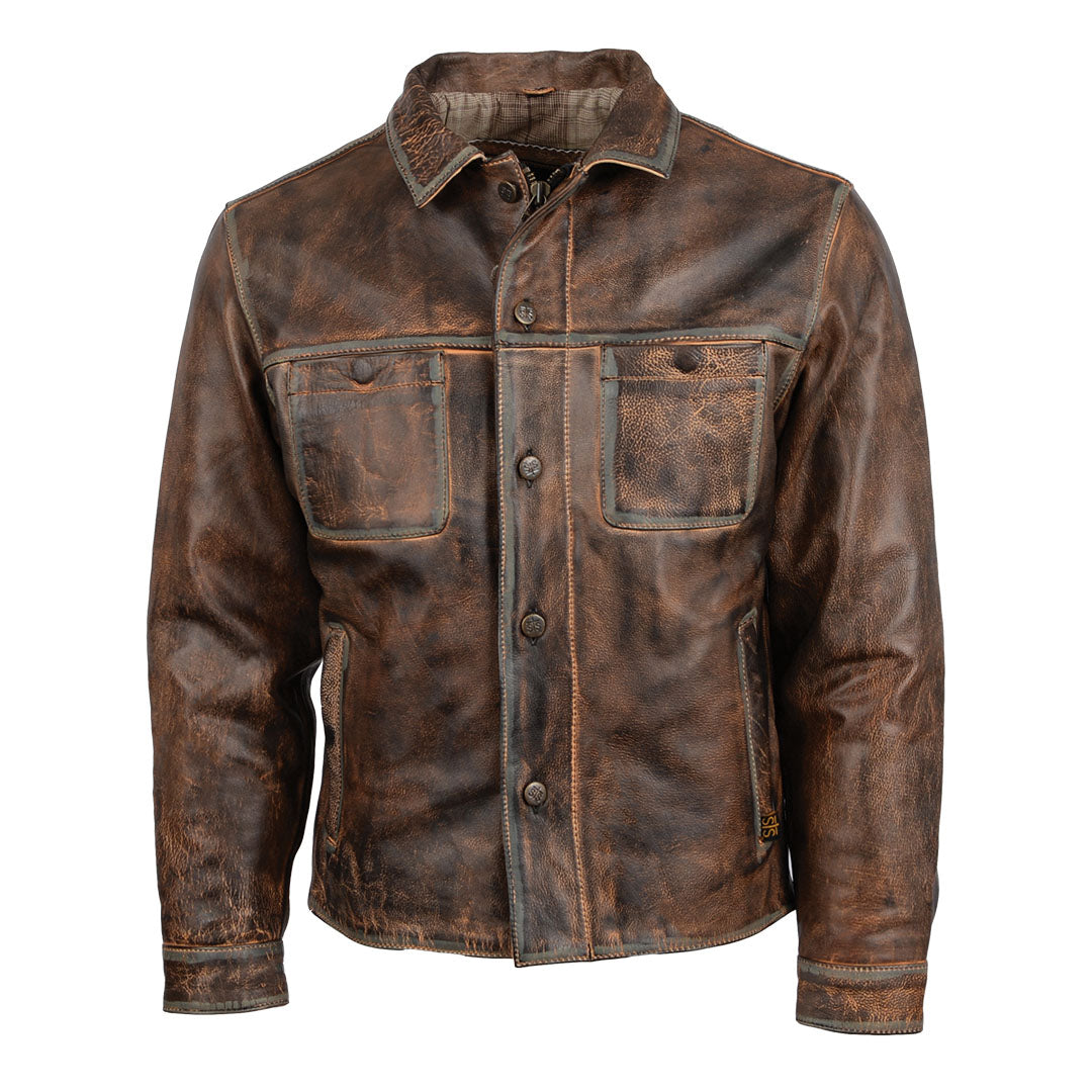 Brown genuine leather mens jacket with two chest pockets, hand warming pockets and button front closure on a white background.