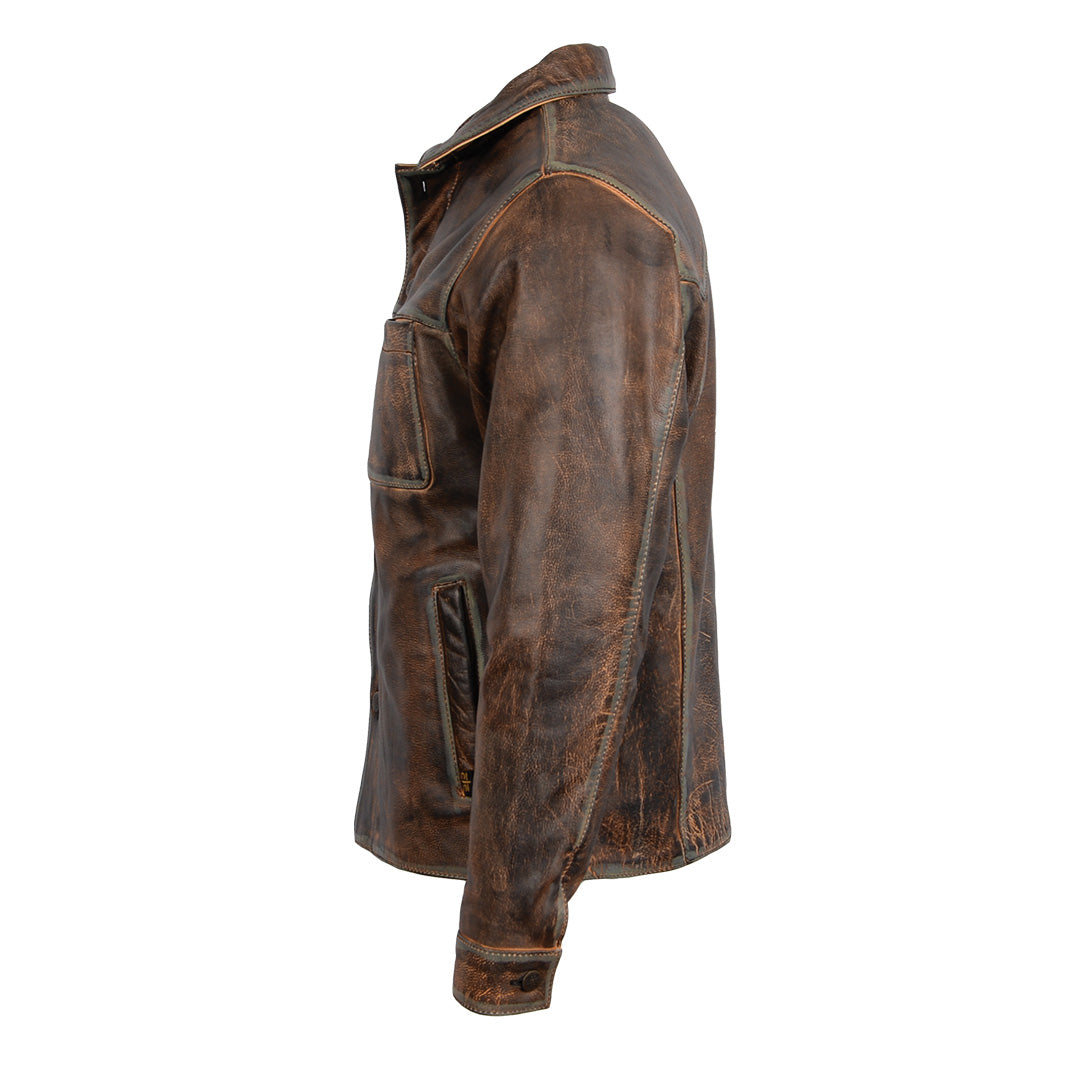 Brown genuine leather mens jacket with western yoke and snap wrist cuffs on a white background.
