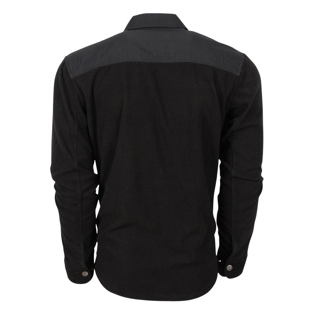 Back of men's black button up shirt with adjustable snap cuffs on a white background.