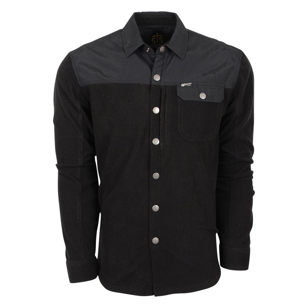 A men's long-sleeved button-down shirt in black color with a snap front closure and a snap closure chest pocket, featuring a nylon yoke accent.