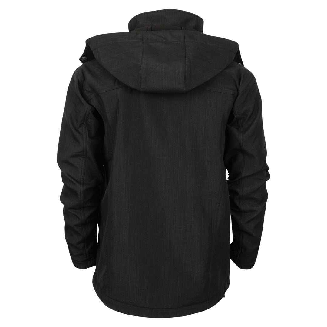 A men's black softshell jacket with a removable hood on a white background.