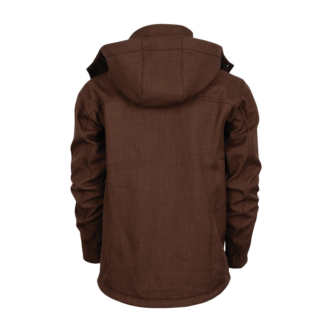 A men's brown softshell jacket with a removable hood on a white background.