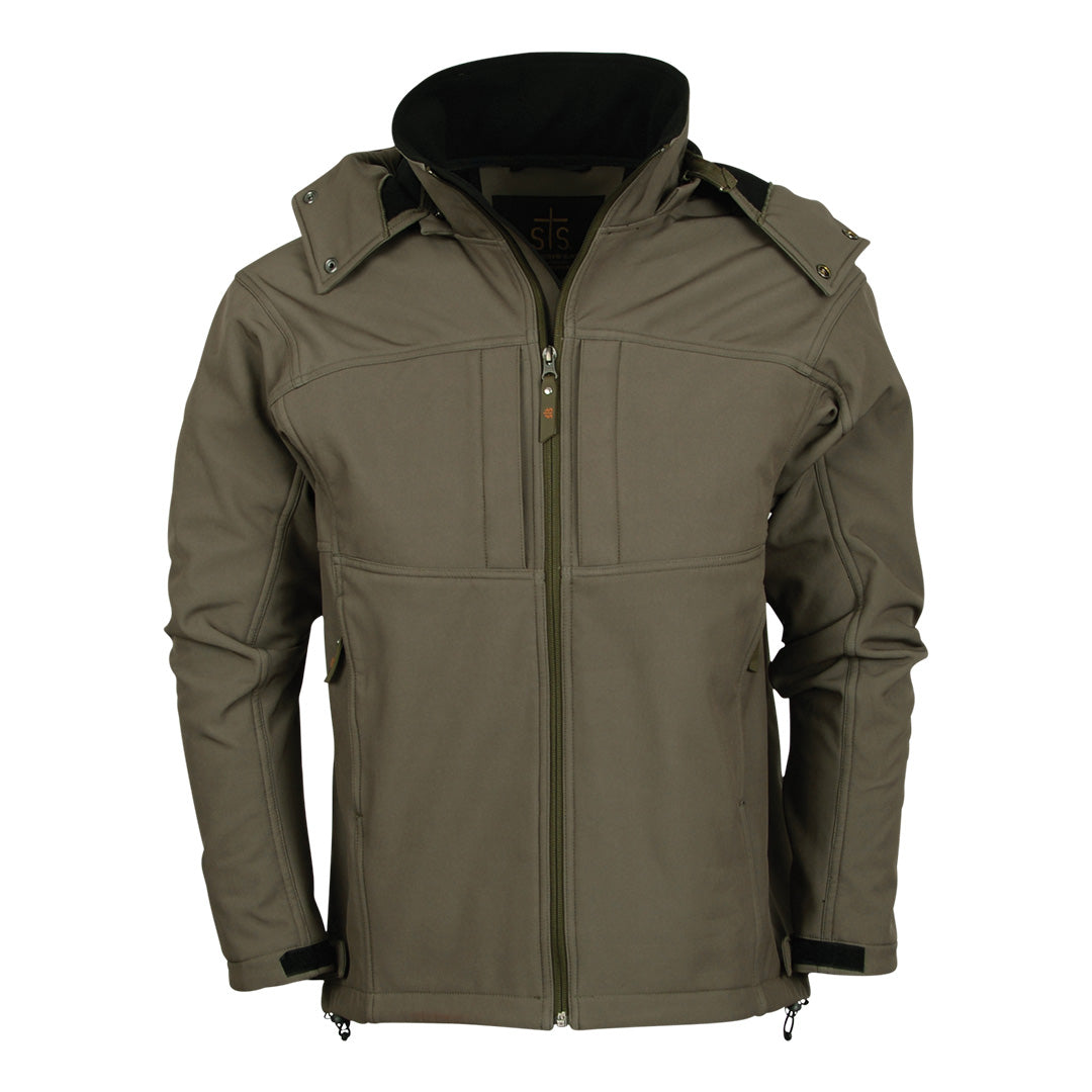 softshell olive green front zip closure jacket with removable hood on white background