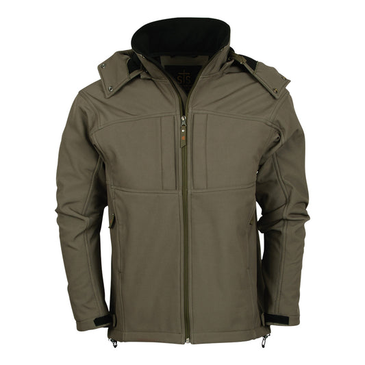 softshell olive green front zip closure jacket with removable hood on white background