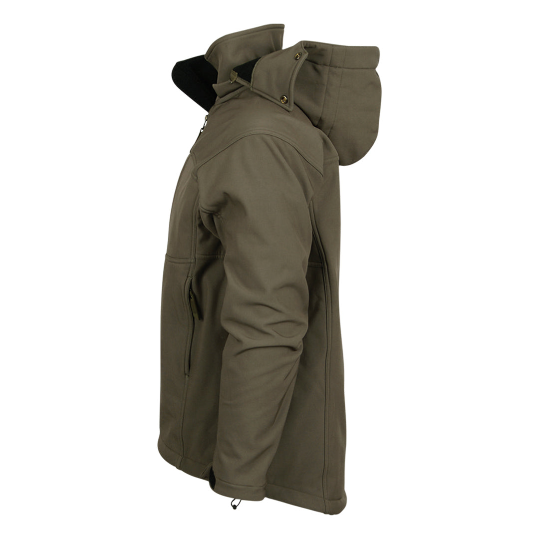 side view of our softshell olive green front zip closure jacket with removable hood on white background