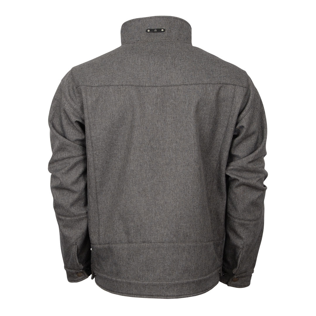 Men's heather gray softshell jacket with adjustable snap cuffs on a white background.