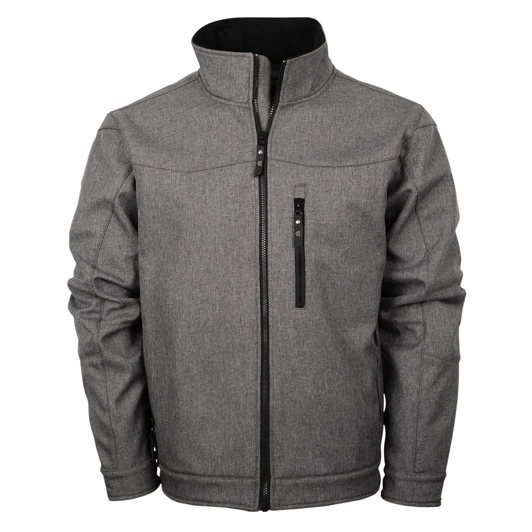 Men's heather gray softshell jacket with a zip front closure, hand warming pockets, chest pockets, and adjustable snap cuffs on a white background.