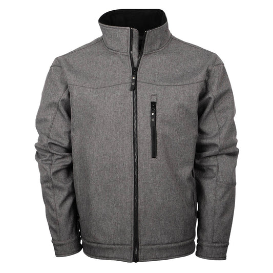 Men's heather gray softshell jacket with a zip front closure, hand warming pockets, chest pockets, and adjustable snap cuffs on a white background.
