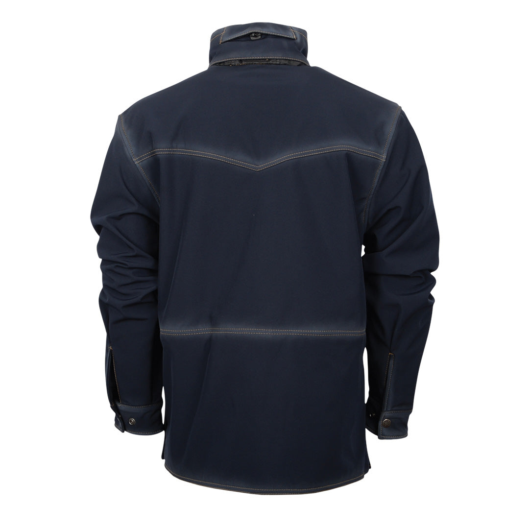 Navy men's Brazos jacket with a mandarin collar, western yoke and adjustable snap cuffs on a white background.