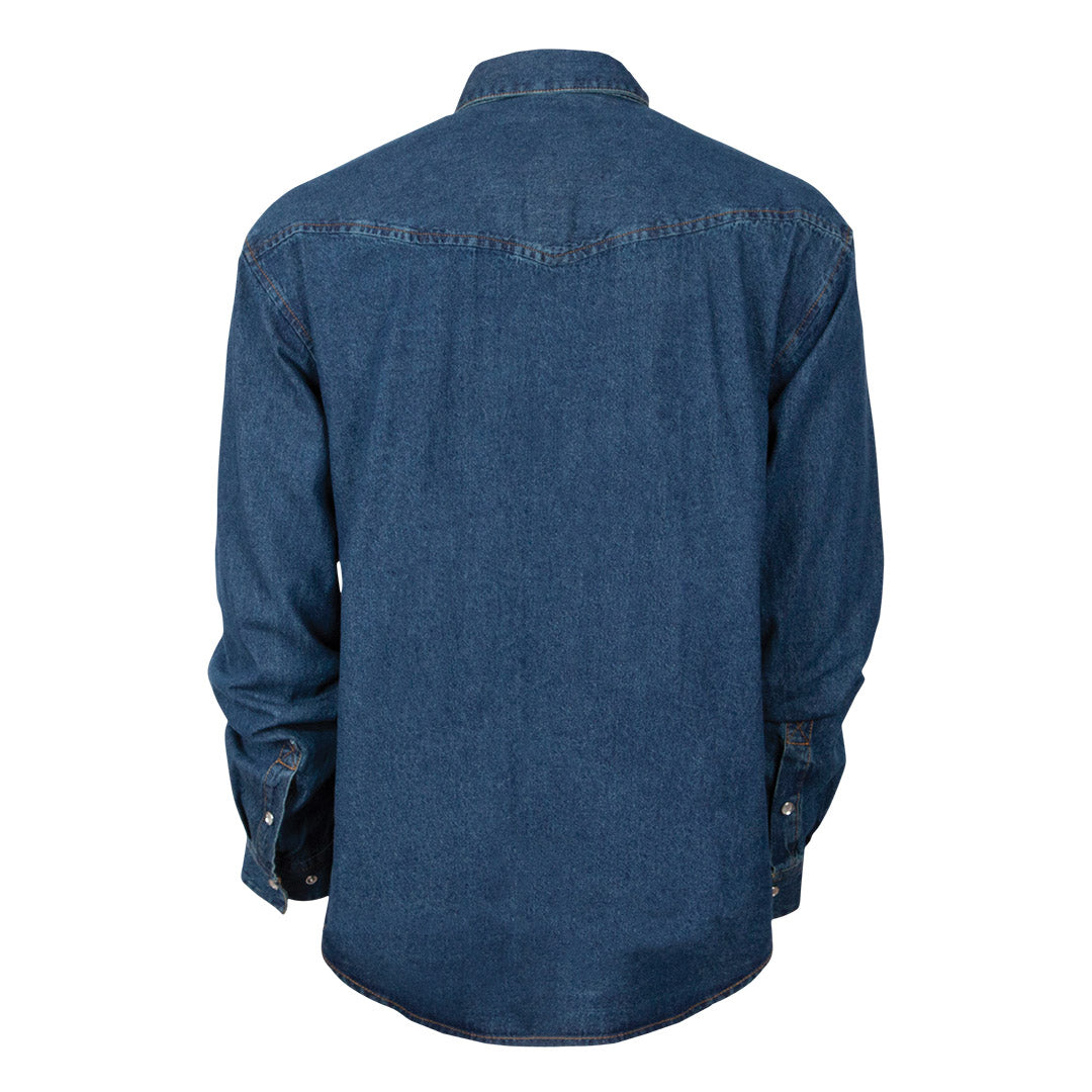 Classic blue denim shirt with western hoke and adjustable pearl snap cuffs on a white background.