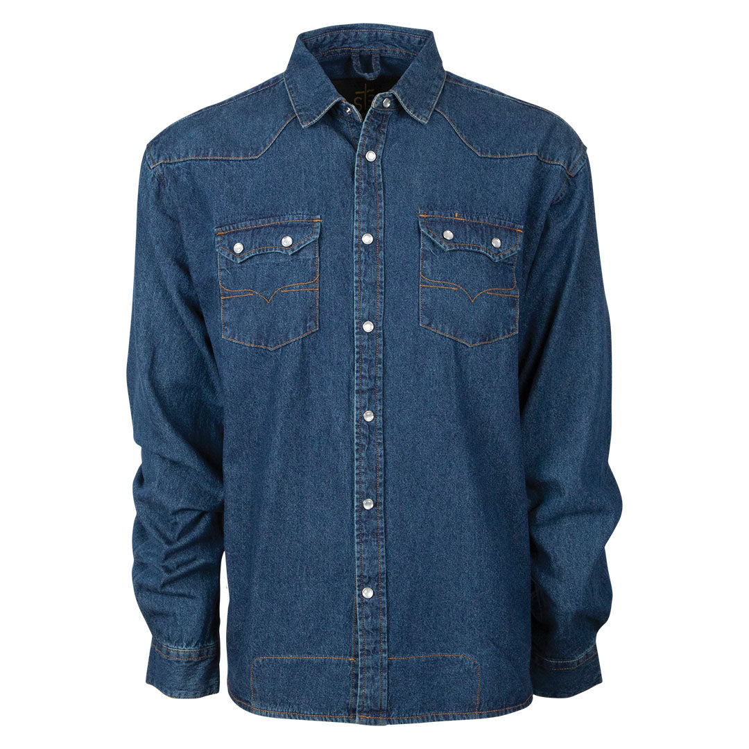 A classic blue denim shirt with pearl snap front closure, double pearl snap chest pockets, and long sleeves.