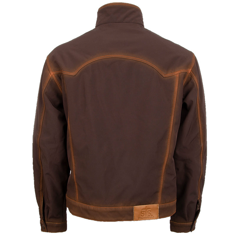 A men's brown Brumby jacket with snap adjustable cuffs and western yoke accents on a white background.