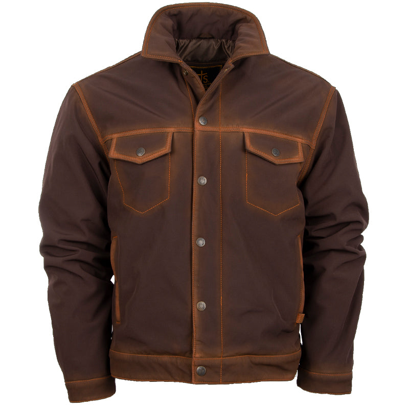A men's brown Brumby jacket with a snap front closure, two button closure chest pockets, two hand warming pockets, snap adjustable cuffs, and western yoke accents on a white background.