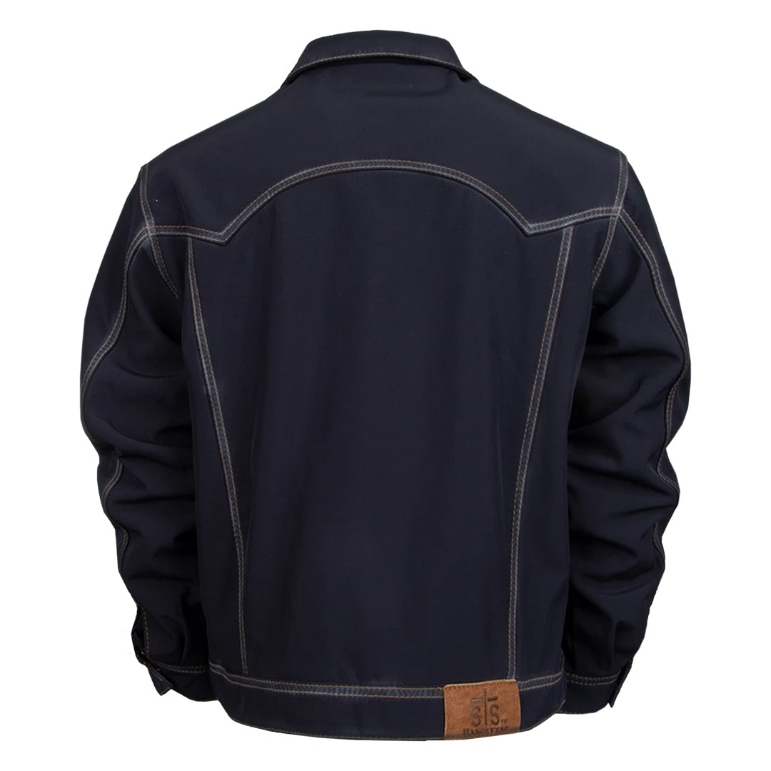 back of our softshell dark wash denim jacket with front snap closure, hand warming pockets and chest pockets on white background 