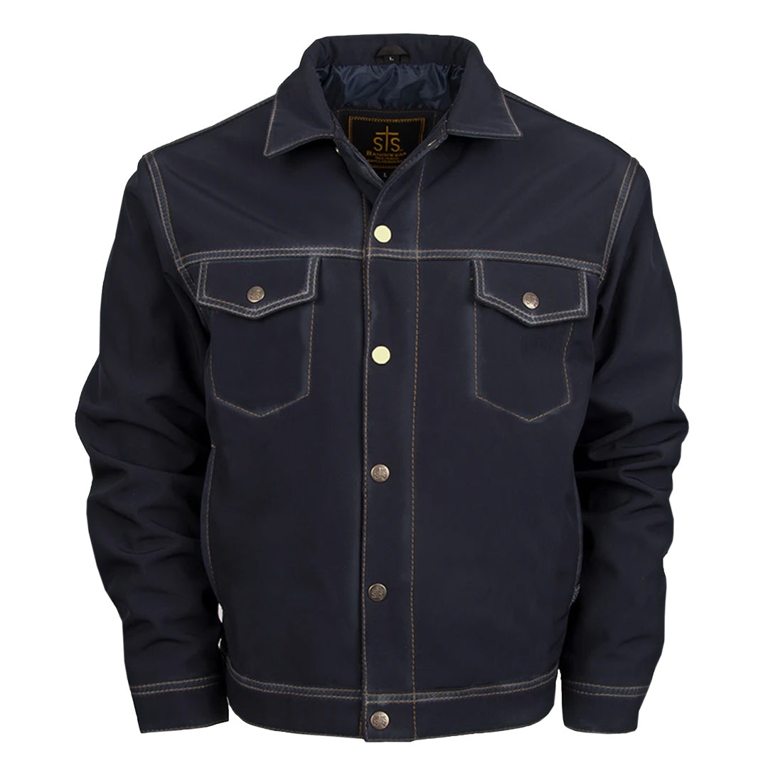 softshell dark wash denim jacket with front snap closure, hand warming pockets and chest pockets on white background 