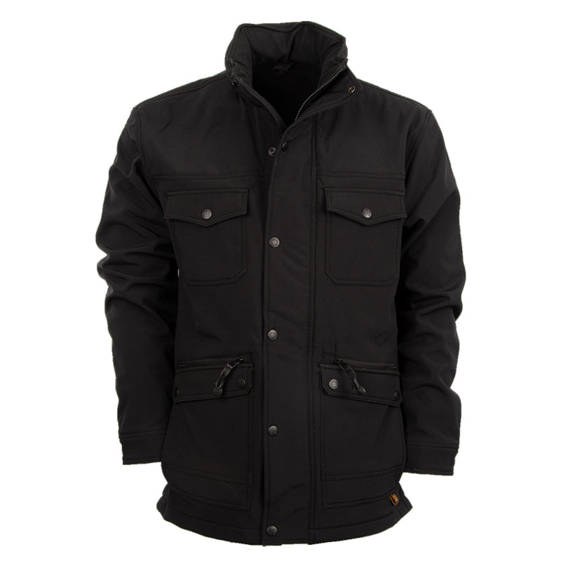 A black youth jacket with double snaps on the waist, snap cuffs, and multiple exterior pockets, featuring a packable hood on a white background.