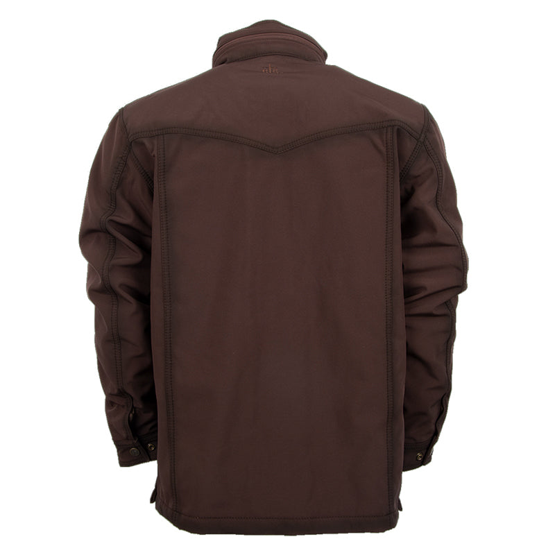 A brown youth jacket with double snaps on the waist, snap cuffs and featuring a packable hood on a white background.