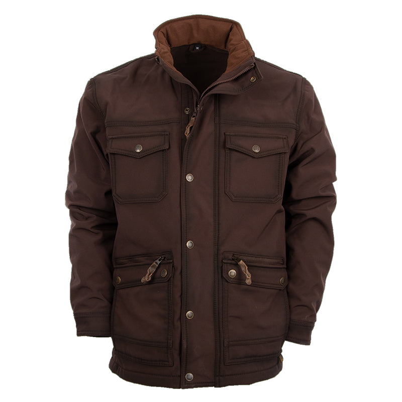 A brown youth jacket with double snaps on the waist, snap cuffs, and multiple exterior pockets, featuring a packable hood on a white background.