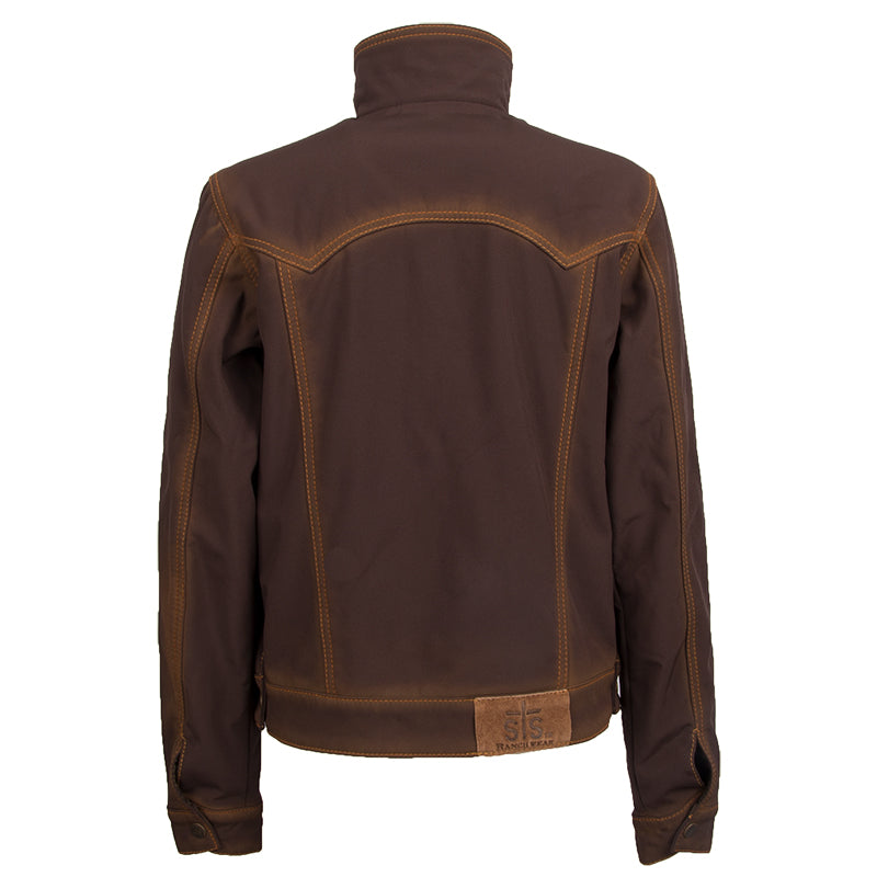 A women's brown Brumby jacket with snap adjustable cuffs and western yoke accents on a white background.