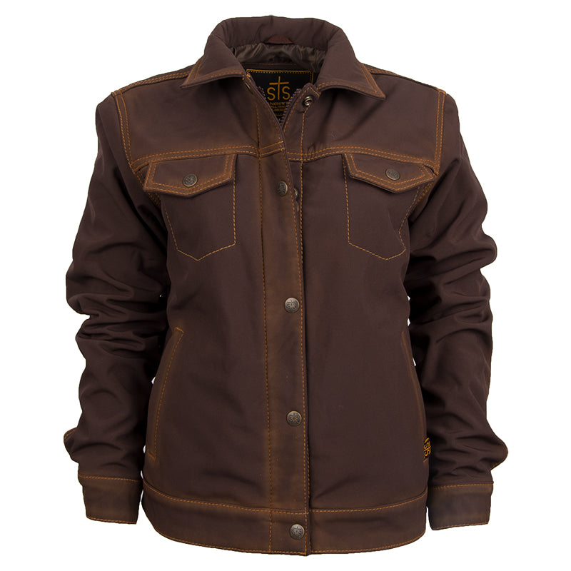A women's brown Brumby jacket with a snap front closure, two button closure chest pockets, two hand warming pockets, snap adjustable cuffs, and western yoke accents on a white background.