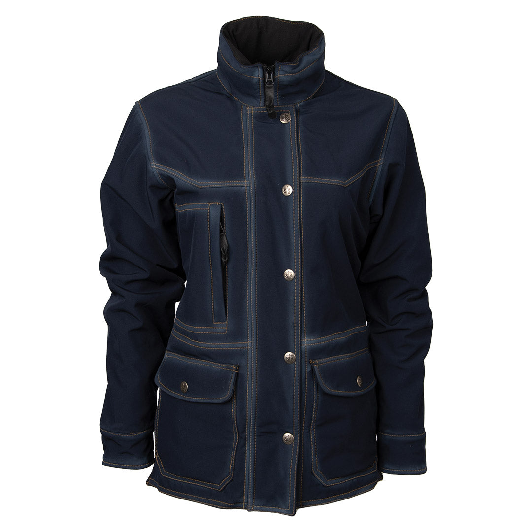 Navy women's Brazos jacket with a mandarin collar, button-up front, and multiple pockets on a white background.