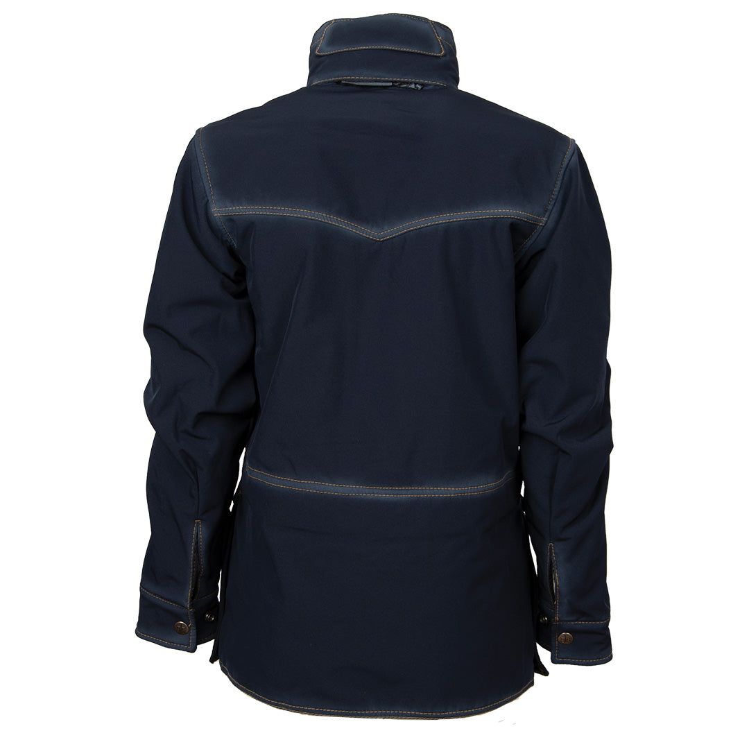 Navy women's Brazos jacket with a mandarin collar, western yoke and adjustable snap cuffs on a white background.