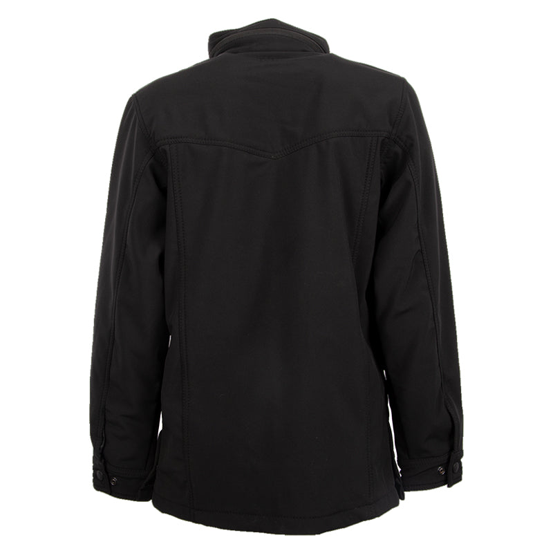 A black women's jacket with double snaps on the waist, snap cuffs and featuring a packable hood on a white background.