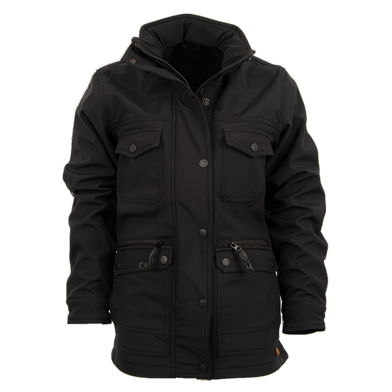 A black women's jacket with double snaps on the waist, snap cuffs, and multiple exterior pockets, featuring a packable hood.