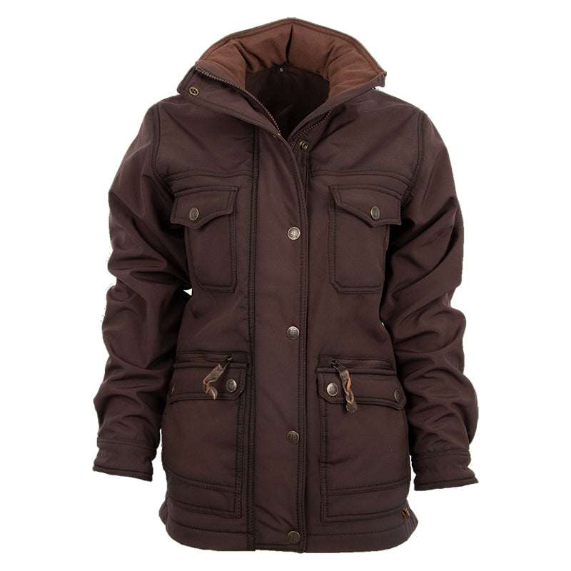 A brown women's jacket with double snaps on the waist, snap cuffs, and multiple exterior pockets, featuring a packable hood.