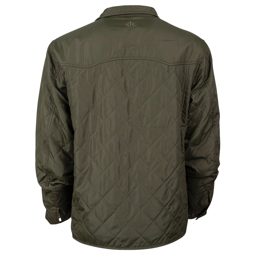 A women's lightweight quilted poly field jacket in olive with snap cuffs and western yoke on a white background.