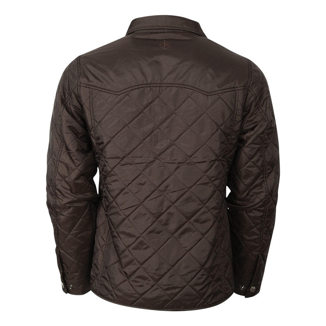 A men's lightweight quilted poly field jacket in brown with snap cuffs and western yoke on a white background.