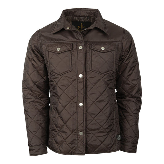A men's lightweight quilted poly field jacket in brown with zip and snap front closure, exterior snap closure chest pockets, hand warming pockets, and snap cuffs.