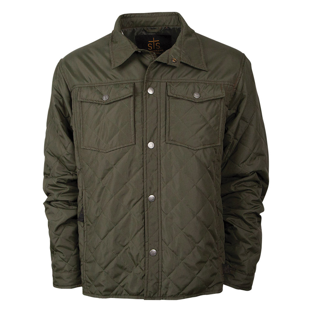 A youth lightweight quilted poly field jacket in olive with zip and snap front closure, exterior snap closure chest pockets, hand warming pockets, and snap cuffs.