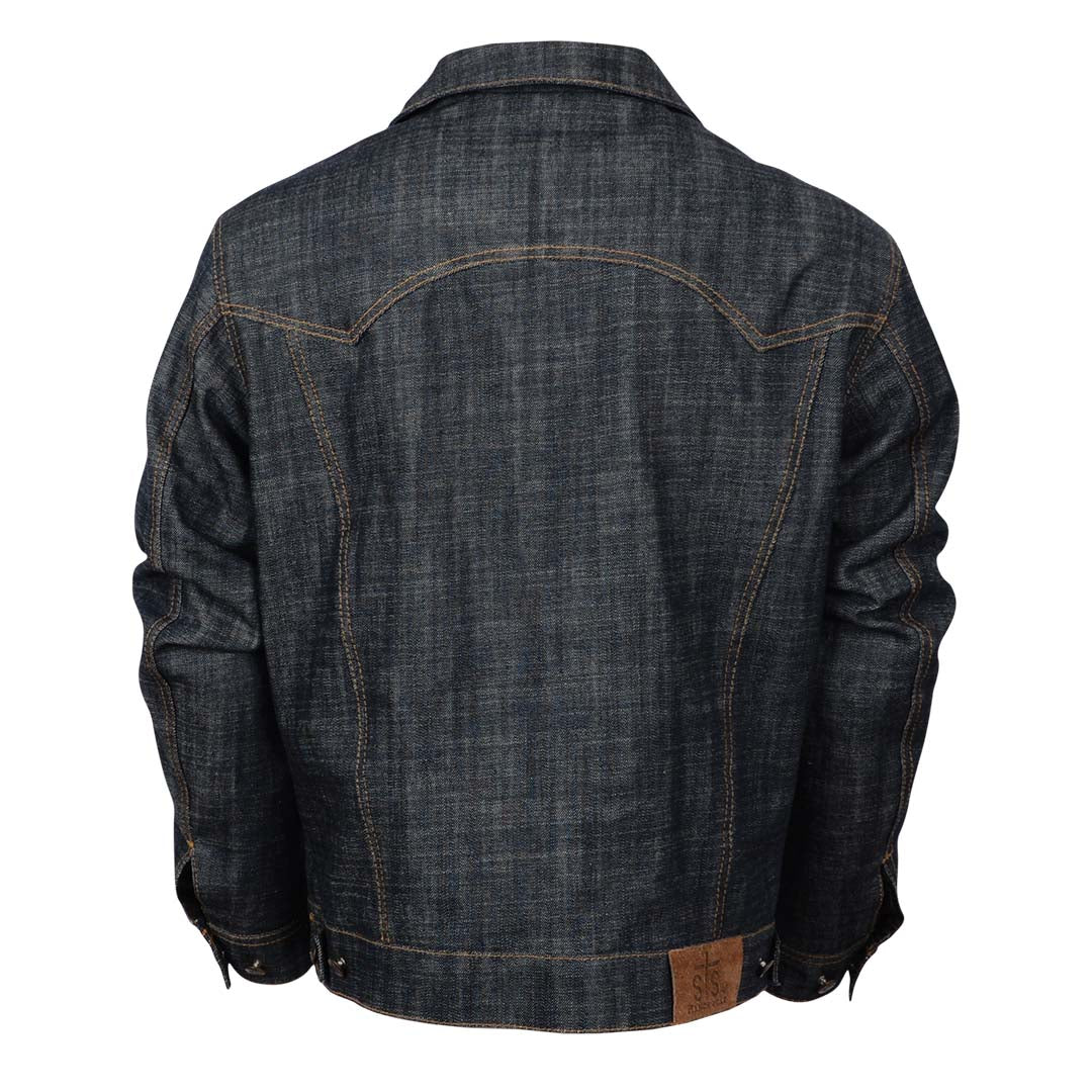 A men's denim jacket with a collar, long sleeves, western yoke and leather STS patch on the back hem. 