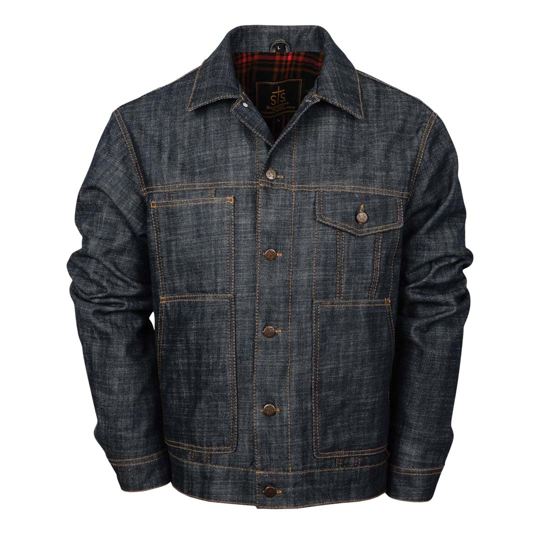 A men's denim jacket with a collar, long sleeves, and snap closures. The interior is lined with a red and black checkered fabric on a white background.