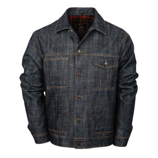 A youth denim jacket with a collar, long sleeves, and snap closures. The interior is lined with a red and black checkered fabric on a white background.