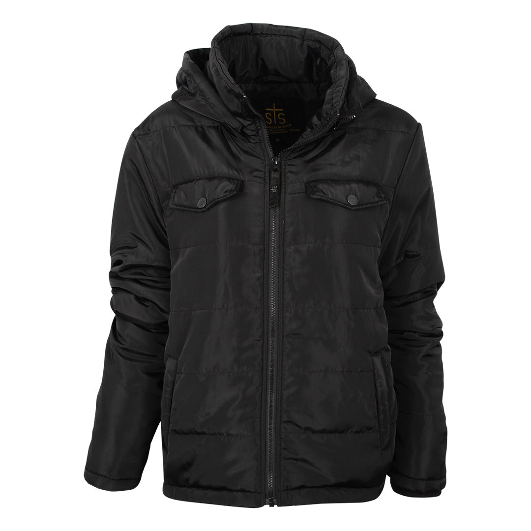 A black puffer jacket for women with a hood, zip front closure, and multiple exterior pockets on a white background.